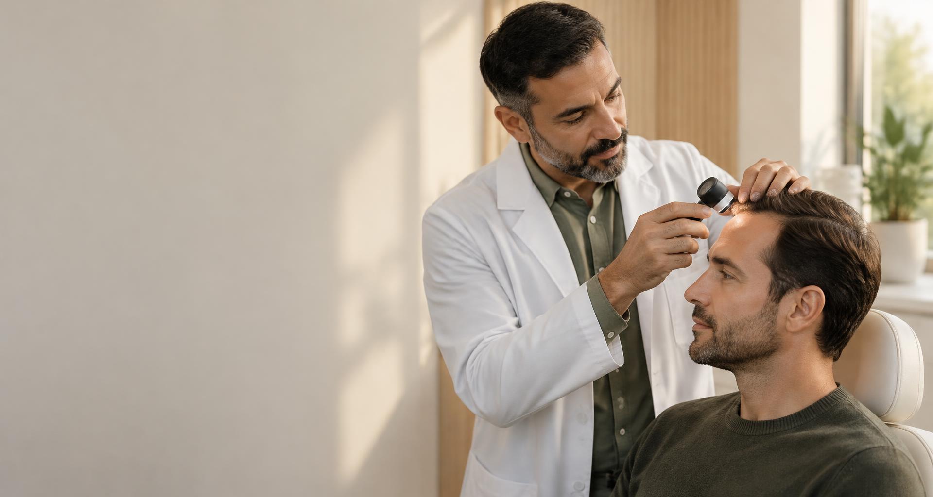 Hair transplant consultation with a gentle scalp examination